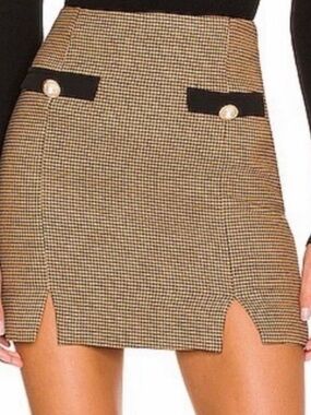 MAJORELLE Tan & Black Houndstooth Mini Skirt with Gold Buttons